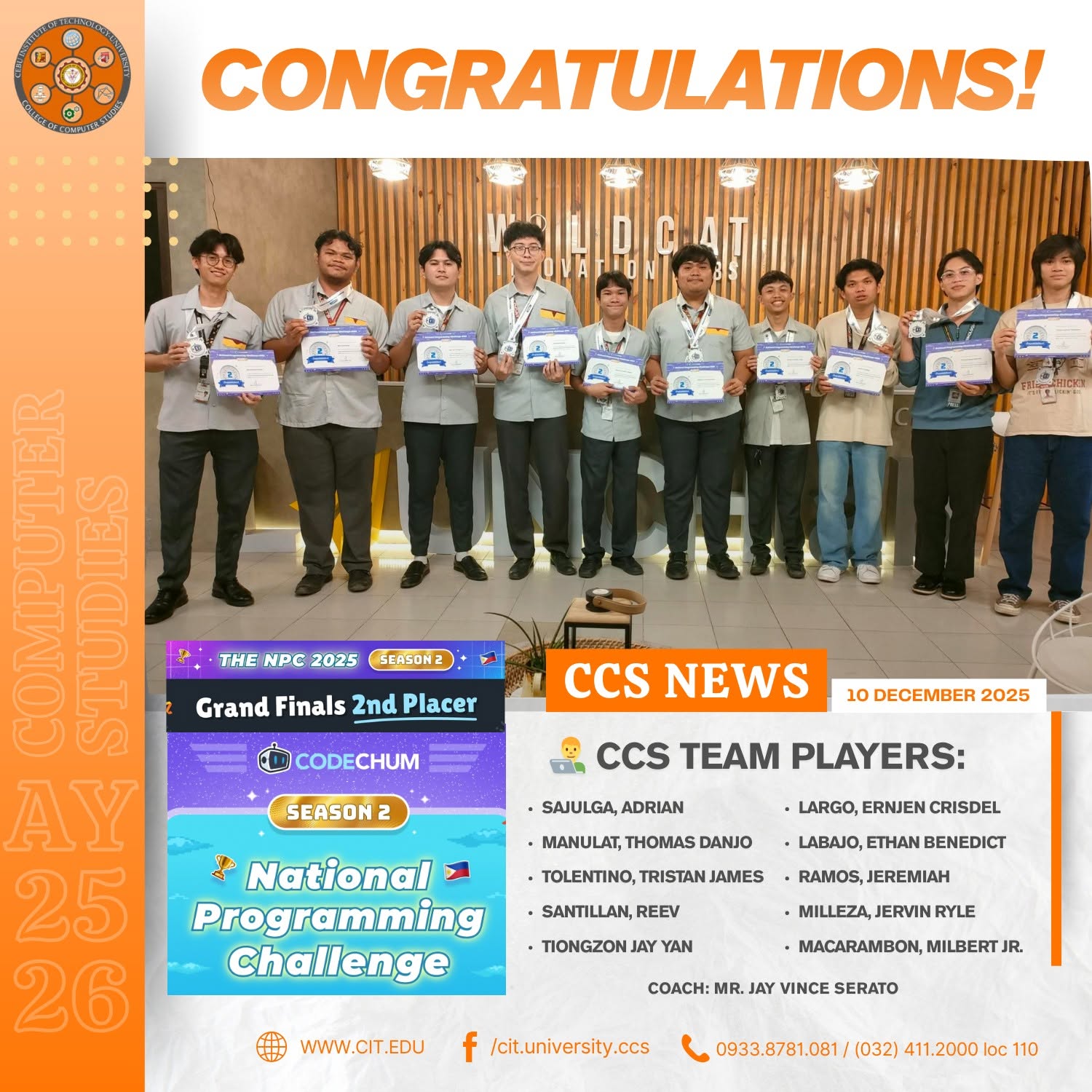 Reev Santillan receiving the CodeChum National Programming Challenge first runner-up award, 2025.